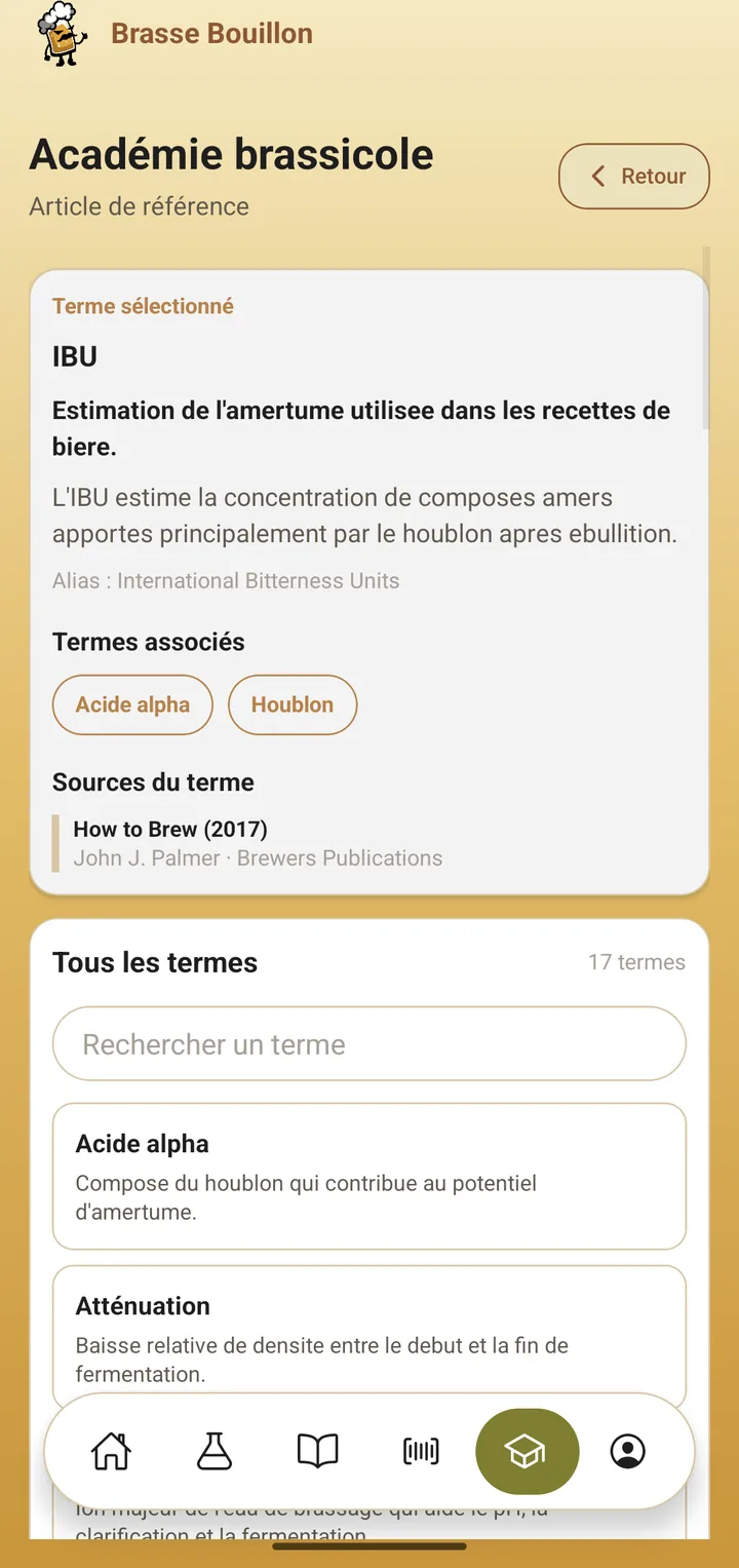 Capture de l’écran d’un terme du glossaire, l’IBU, avec sa définition détaillée et sa source bibliographique