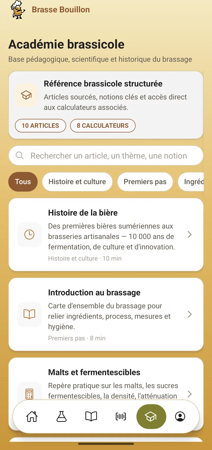 Capture de l’écran d’accueil de l’Académie brassicole : carte de synthèse (10 articles, 8 calculateurs), barre de recherche, filtres par thème et liste d’articles (histoire de la bière, introduction au brassage, malts et fermentescibles)