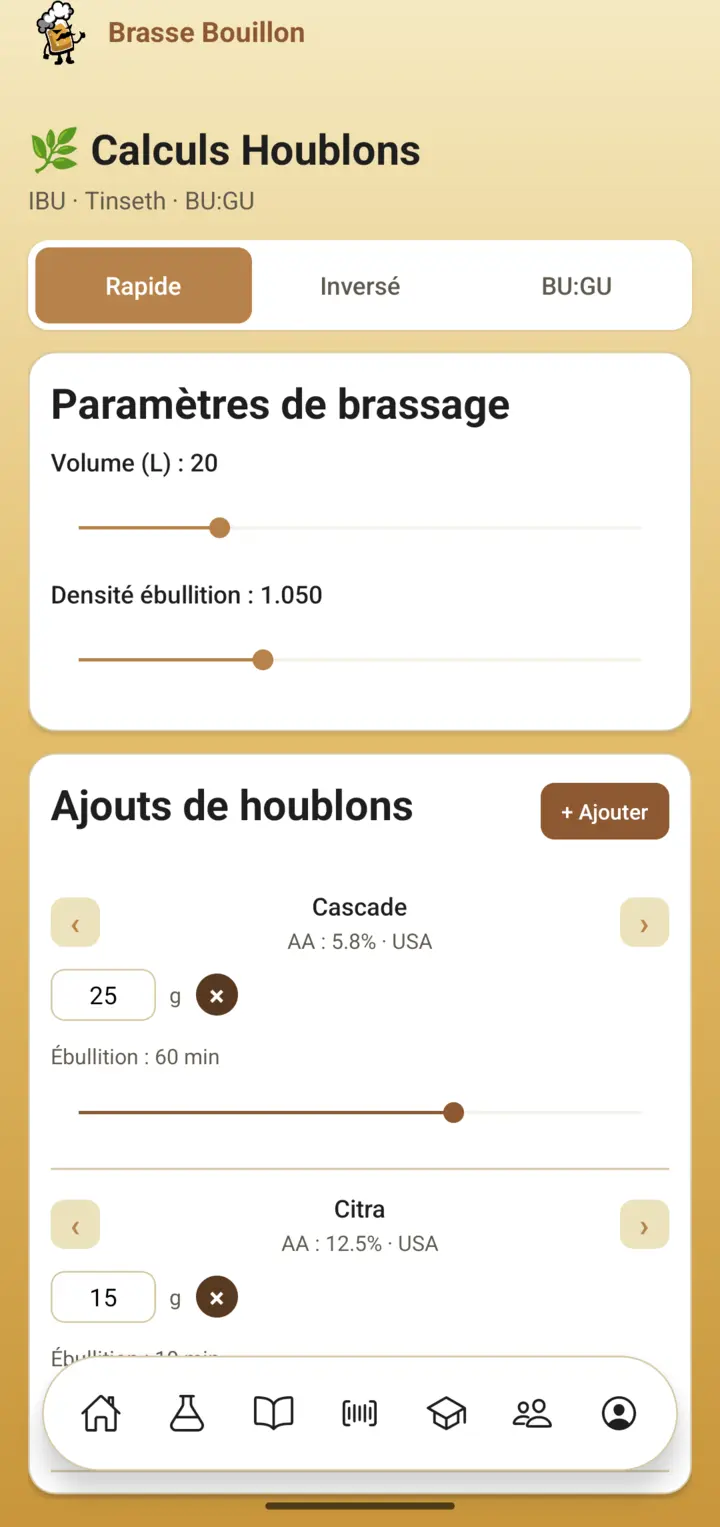 Capture de l’écran Calcul houblons avec onglets Rapide, Inversé et BU:GU et sliders interactifs