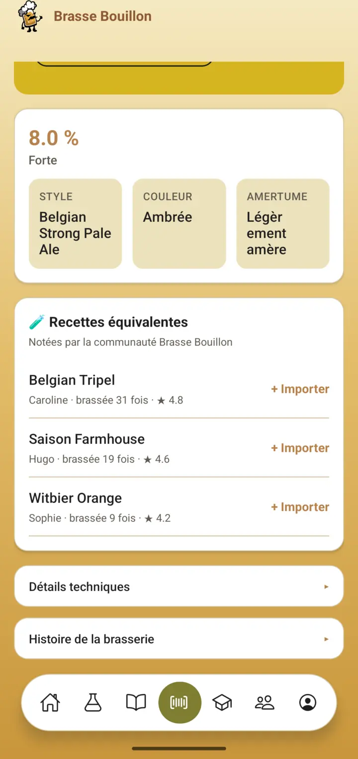 Capture de l’écran des recettes équivalentes notées par la communauté, chacune avec un bouton Importer