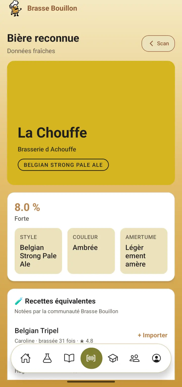 Capture de l’écran Bière reconnue affichant La Chouffe avec son style, sa couleur et son amertume