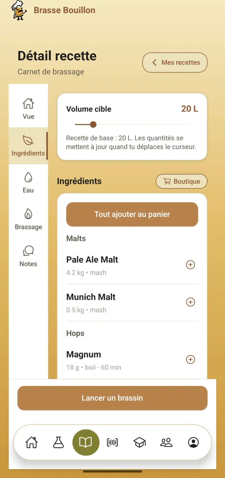 Capture de l’écran Studio de recettes avec onglets Ingrédients et calculs en direct