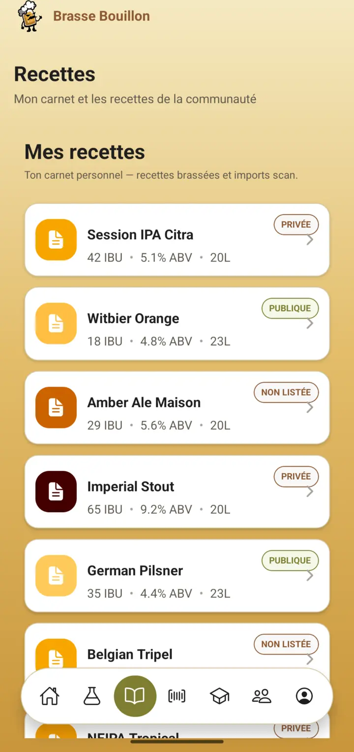 Catalogue de recettes de l’app : liste de recettes publiques avec leurs indicateurs IBU, ABV et volume