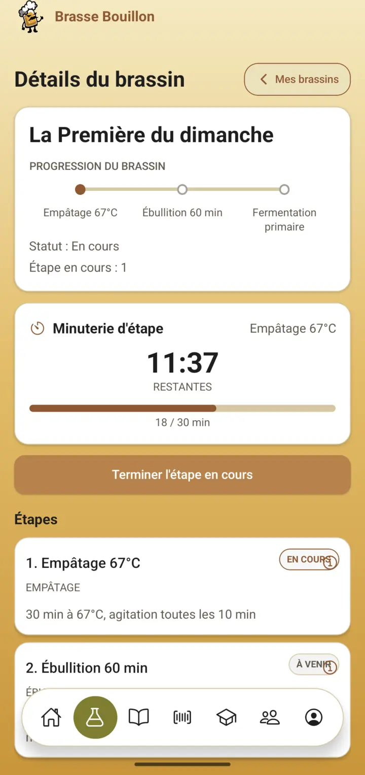 Capture de l’écran de pilotage du brassin pendant l’empâtage à 67°C, avec timer et étapes