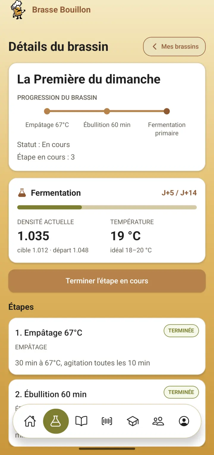 Capture de l’écran de fermentation avec la barre de progression jour 5 sur 14 et la densité actuelle