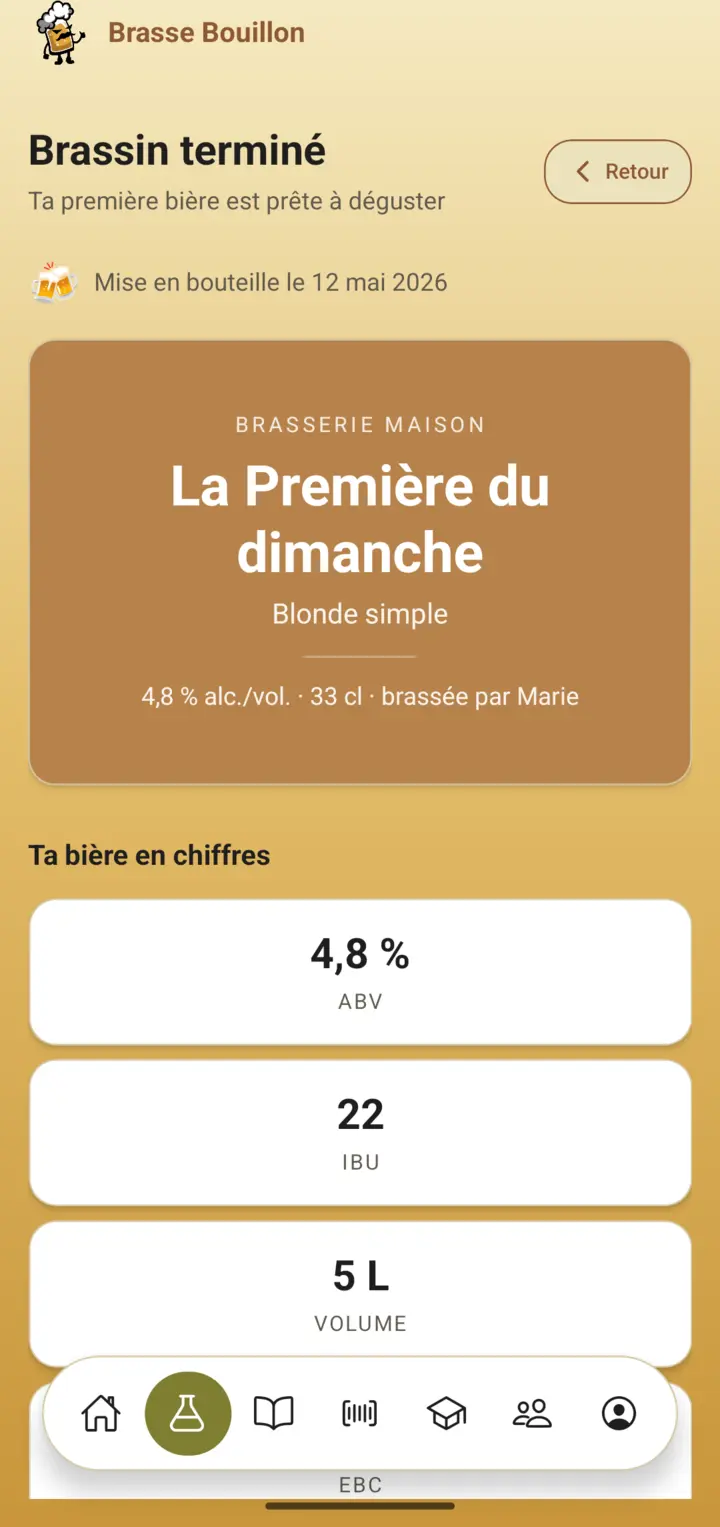 Capture de l’écran de célébration « brassin terminé » avec la bouteille et l’étiquette personnalisée